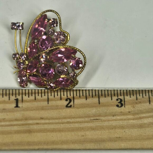Regency Pink Rhinestone Butterfly Pin w/Matching Earrings Vintage Goldtone - Picture 10 of 16